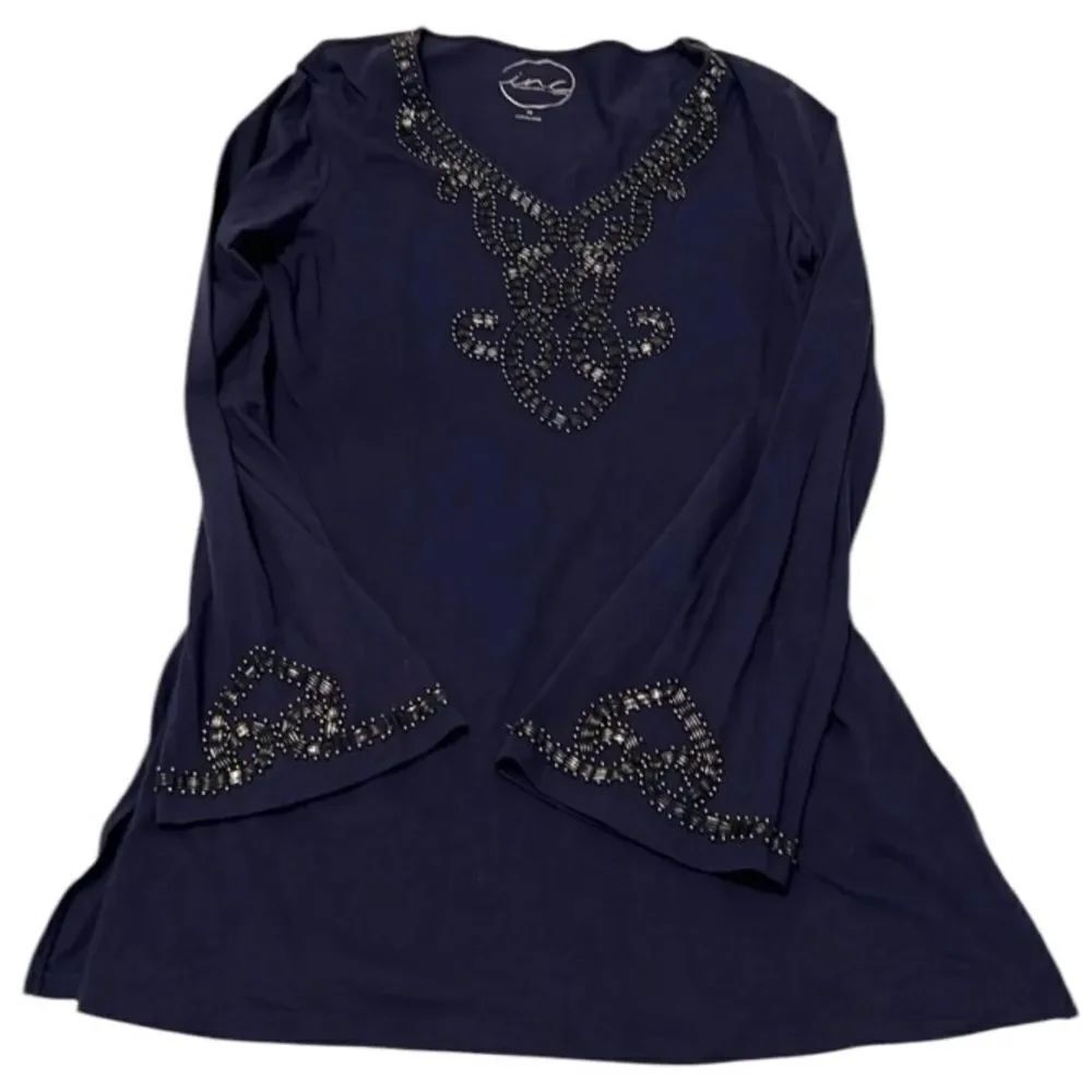 INC size M beaded long sleeve tunic in a bluish purple color 2 small spots GUC